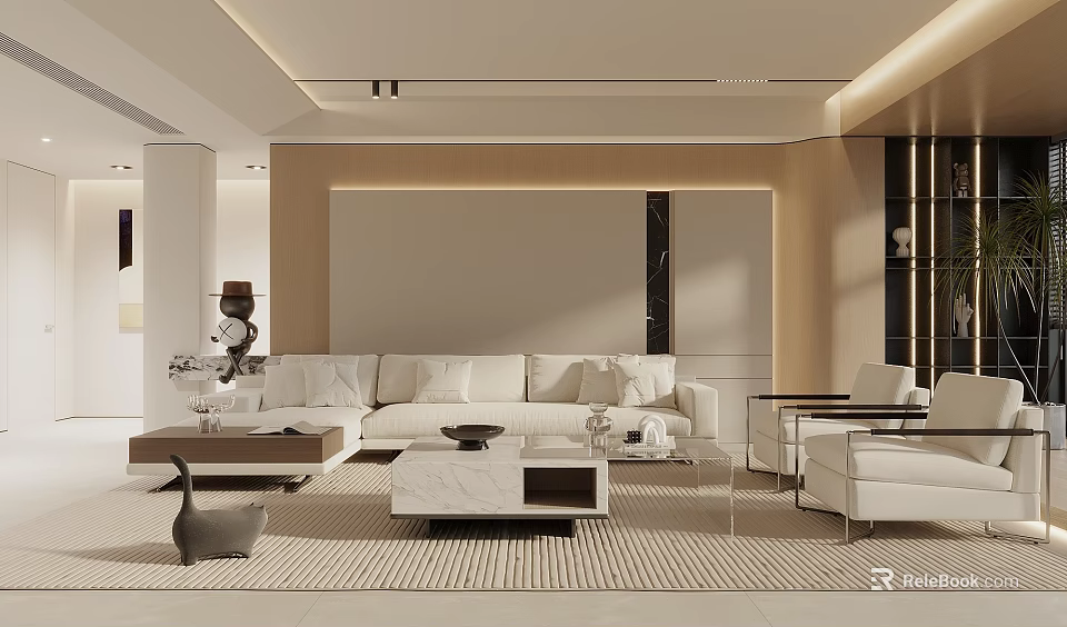 Modern Minimalist Living Room With Comfortable White Sofa Marble Coffee Table And Warm Wood Decor 3d model 
