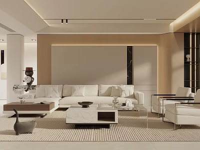 Modern Minimalist Living Room With Comfortable White Sofa Marble Coffee Table And Warm Wood Decor 3d model
