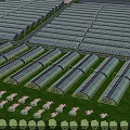 Aerial View Planning of Agricultural Area With Organized Farmland Greenhouses Water Pond and Paths