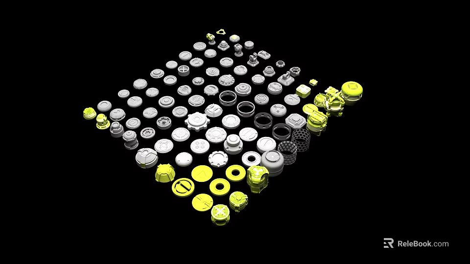 Circular Automotive Parts in Various Sizes Silver and Yellow Arranged in Grid on Black Background 3d model 