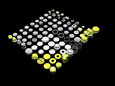 Circular Automotive Parts in Various Sizes Silver and Yellow Arranged in Grid on Black Background 3d model