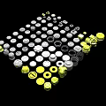 Circular Automotive Parts in Various Sizes Silver and Yellow Arranged in Grid on Black Background
