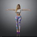 Woman In White Top With Colorful Tie Dye Leggings And Purple High Heels Arms Outstretched