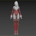 Woman With Silver White Hair Wearing Red Bodysuit Red Thigh High Boots And Green Decorations