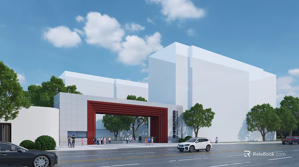 Modern Red Grille Entrance Gate With White Building And Green Trees Under Blue Sky 3d model 
