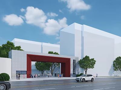 Modern Red Grille Entrance Gate With White Building And Green Trees Under Blue Sky 3d model