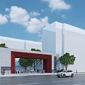 Modern Red Grille Entrance Gate With White Building And Green Trees Under Blue Sky