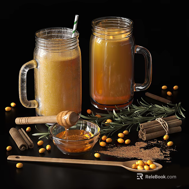 Refreshing Homemade Beverages in Glass Jars with Honey Sea Buckthorn Berries Cinnamon Sticks and Rosemary 3d model 