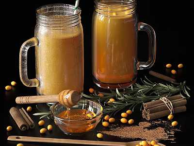 Refreshing Homemade Beverages in Glass Jars with Honey Sea Buckthorn Berries Cinnamon Sticks and Rosemary 3d model