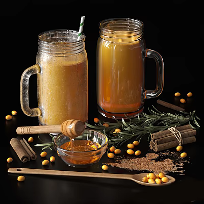 Refreshing Homemade Beverages in Glass Jars with Honey Sea Buckthorn Berries Cinnamon Sticks and Rosemary 3d model