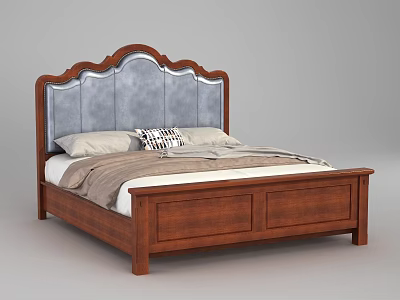 Classic Wooden Double Bed With Curved Upholstered Gray Headboard And Pillows 3d model