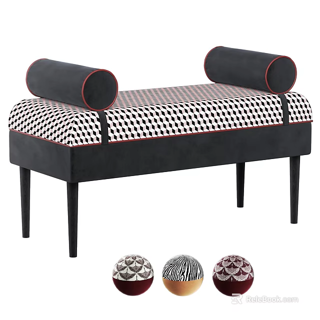 Modern Decorative Sofa Bench With Roll Cushions Checkered Upholstery Red Trim And Black Legs 3d model 