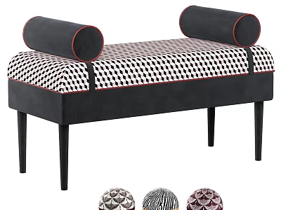Modern Decorative Sofa Bench With Roll Cushions Checkered Upholstery Red Trim And Black Legs 3d model