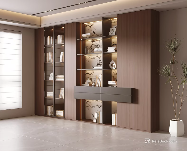 Modern Wooden Built in Bookcase With Books Decorative Items Illuminated Design And Potted Plant 3d model 