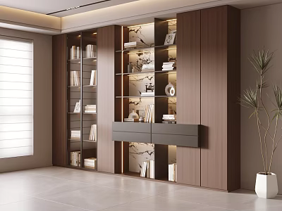Modern Wooden Built in Bookcase With Books Decorative Items Illuminated Design And Potted Plant 3d model