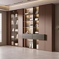 Modern Wooden Built in Bookcase With Books Decorative Items Illuminated Design And Potted Plant