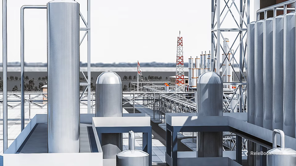 Modern Industrial Plant With Silver Pipes Storage Tanks Steel Structures And Tall Towers 3d model 