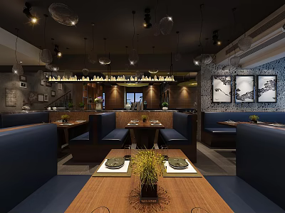 Modern Restaurant Interior With Blue Booth Seats Wooden Tables Pendant Lights And Wall Art 3d model