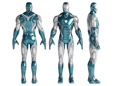 Three Angles View Of Futuristic Teal Silver Armored Game Movie Character 3d model