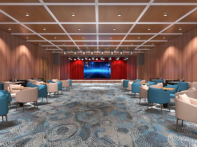Spacious Conference Room Interior With Wooden Walls Red Curtains Large Screen And Patterned Carpet 3d model