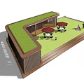 Wooden Pergola With Slatted Sides In Outdoor Area Featuring Lawn Tables Chairs Umbrella And People