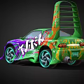 Animated Purple and Green Car with Klik Graphics and Ladder Structure on Roof