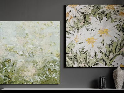 Two Botanical Plant Paintings With White Flowers Yellow Centers Gray Wall And Shelf Decor 3d model