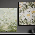 Two Botanical Plant Paintings With White Flowers Yellow Centers Gray Wall And Shelf Decor