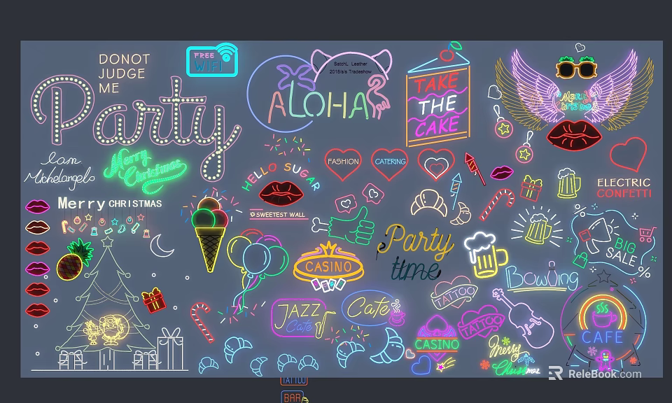 Colorful Neon Decorative Lights Featuring Party Heart Wings And Ice Cream Patterns 3d model 