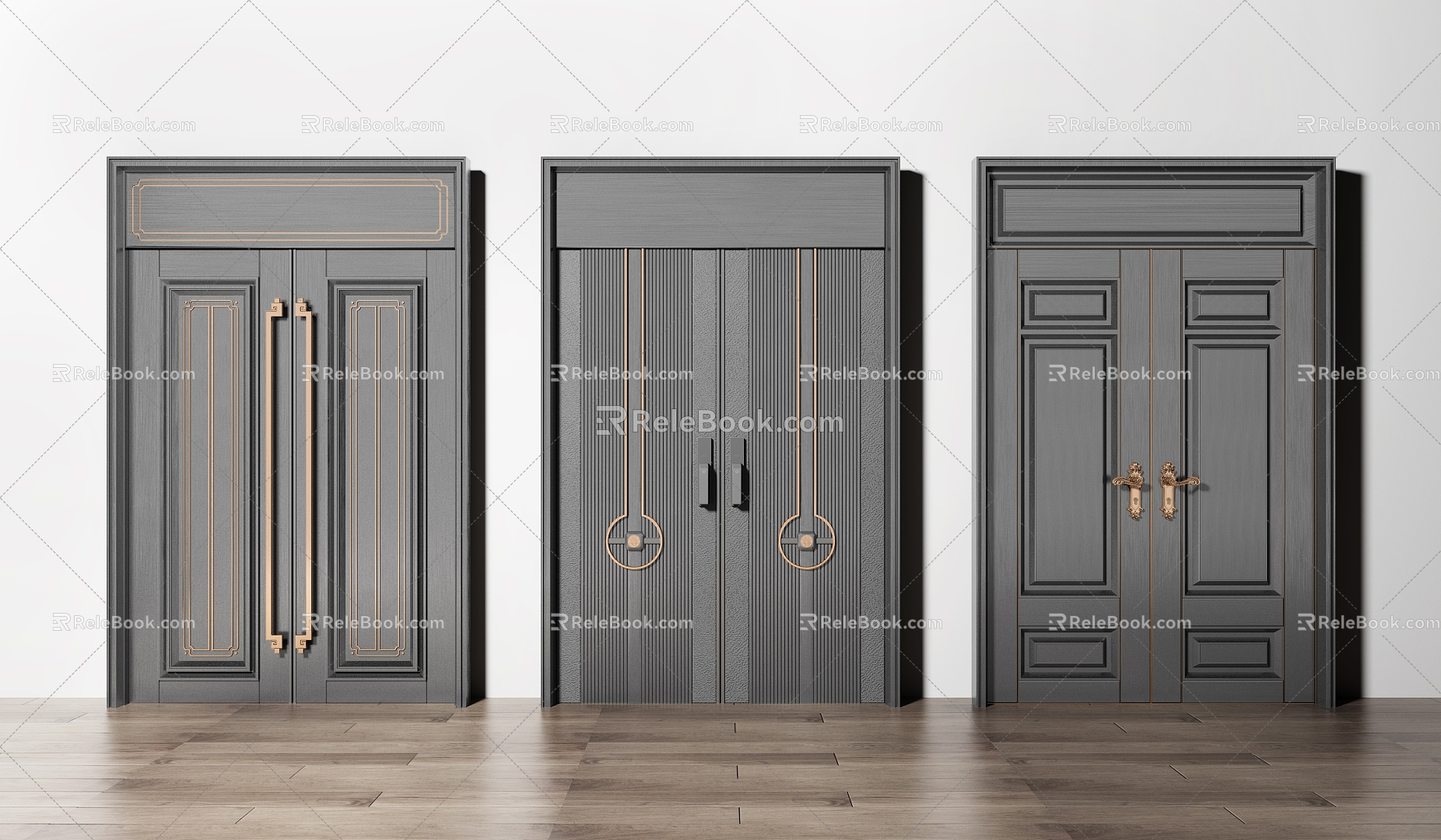 New Chinese style double door entry door combination 3d model