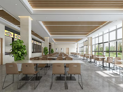 Spacious Cafeteria Interior With Natural Light Tables And Green Plants 3d model