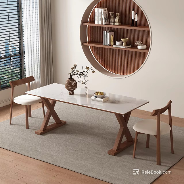 Modern Restaurant Interior with Marble Top Dining Table Wooden Chairs and Round Shelf 3d model 