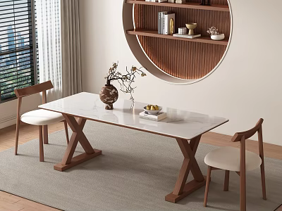 Modern Restaurant Interior with Marble Top Dining Table Wooden Chairs and Round Shelf 3d model