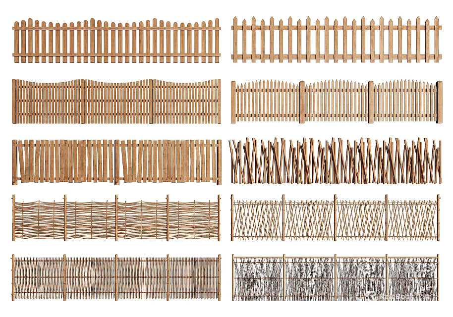 Various Wooden Bamboo Fence Designs With Different Weave And Slat Patterns 3d model 