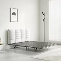 Modern Double Bed Design With Paneled White Headboard Black Frame Floor Lamp And Window Blinds