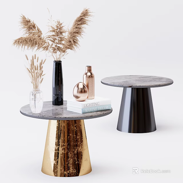 Stylish Round Tables With Marble Top Gold Black Base Vases Dried Plants And Lighting Book 3d model 