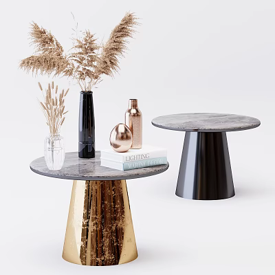 Stylish Round Tables With Marble Top Gold Black Base Vases Dried Plants And Lighting Book 3d model
