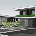 Modern Detached Villa Exterior With Glass Windows Green Wall And Courtyard Pool