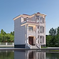 European Style Detached Villa With White Exterior Red Roof And Front Steps Surrounding Green Trees