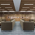 Modern Office Corridor Interior With Wooden Walls Glass Partitions And Ceiling Lights