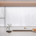 White Vertical Blinds In Modern Bright Room With Laundry Machines Plant And Cactus