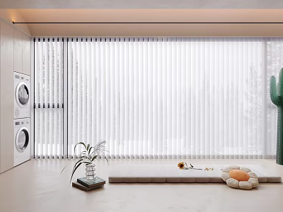 White Vertical Blinds In Modern Bright Room With Laundry Machines Plant And Cactus 3d model