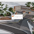 Stone Landscape Wall Design With Palm Trees Wooden Benches Pathway And Community Center Entrance