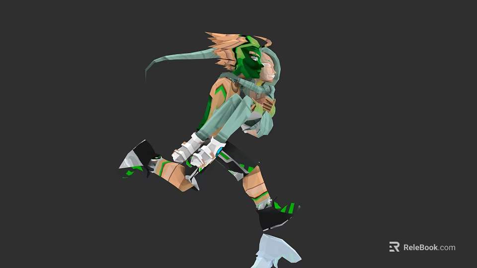 3D Anime Character In Green And Black Outfit With Running Pose And Green Hair 3d model 