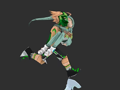 3D Anime Character In Green And Black Outfit With Running Pose And Green Hair 3d model
