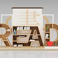 Creative READ Shaped Bookshelf Interior With Books Plants Heart Decoration and Reading Character