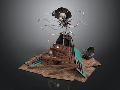 Steampunk Mechanical Device With Multiple Metal Arms Skull Top And Wooden Platform 3d model