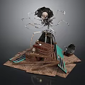 Steampunk Mechanical Device With Multiple Metal Arms Skull Top And Wooden Platform
