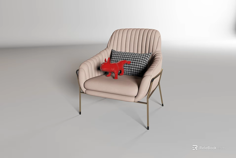 Beige Single Sofa With Vertical Tufted Back Metal Legs Plaid Cushion And Red Fox Toy 3d model 