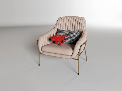 Beige Single Sofa With Vertical Tufted Back Metal Legs Plaid Cushion And Red Fox Toy 3d model